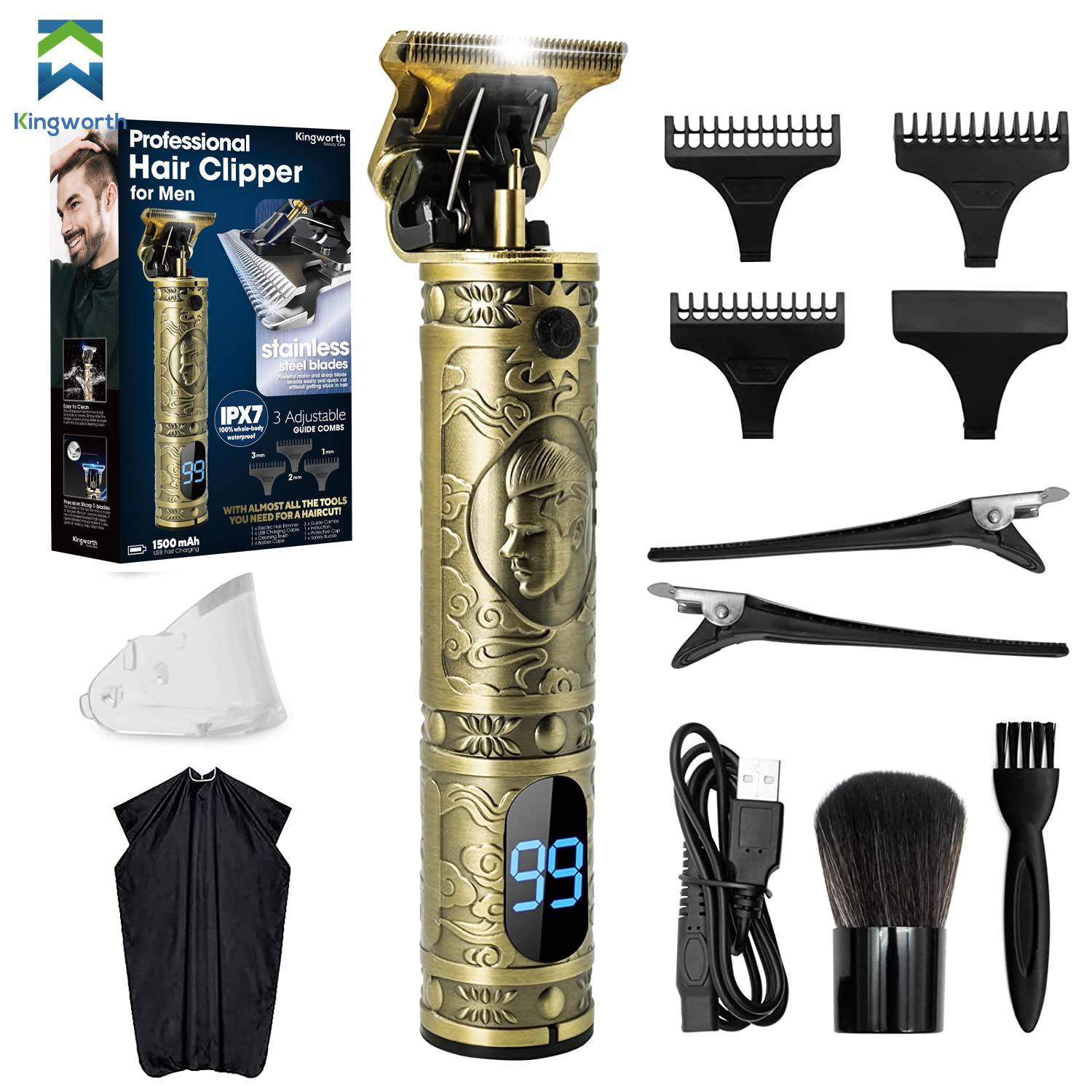 Профессиональный винтажный водонепроницаемый беспроводной электрический триммер Kingworth, триммер для волос для мужчин