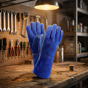 Gants de soudage en cuir de vachette bleu, résistants à la chaleur, de protection, longs, pour la soudure et la réparation - Product Image 2