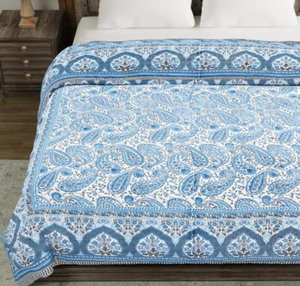 Traditional Hand Block Print Kantha Quilt – Handmade Cotton <b>Floral</b> <b>Bedspread</b> for Twin and King Size - Product Image 1