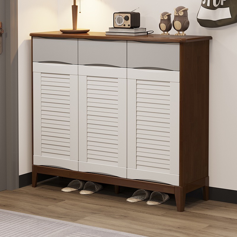 Three doors, three drawers [walnut, white, and gray]