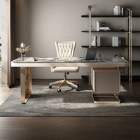 Bureau d'ordinateur moderne et élégant Minis MN-CPT pour la maison ou le bureau, avec structure métallique, surface en marbre, tiroirs et trous pour câbles