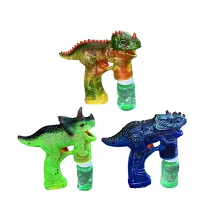 Arma de bolha de dinossauro de brinquedo com flash LED acende som e água de bolha de sabão