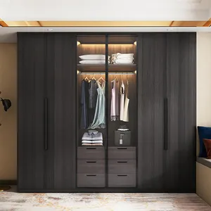Wardrobe Clothes Black Wooden Bedroom Wardrobe Furniture With Led Light