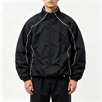 100% Polyester Windbreaker Schwarz-Weiß Geometrische Paspelierung Trichterkragen Durchgehender Reißverschluss Voluminöser Schnitt Elastischer Saum Formgebende Nylon-Jacke