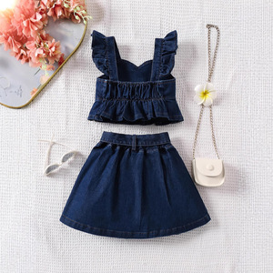 Nouvelle <span class=keywords><strong>jupe</strong></span> plissée décontractée en jean pour filles, col rond uni, avec ceinture à volants et boutons au dos, pour l'été - Product Image 2