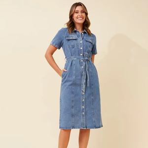 เดรสยีนส์ OEM รุ่นปี 2025 แบบสั่งทำพิเศษสำหรับผู้หญิง แขนสั้น ความยาวปานกลาง ชุดเดรสผ้าเดนิมสำหรับฤดูร้อน - Product Image 3