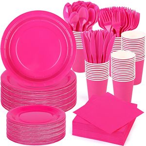 Ensemble de vaisselle de fête de couleur unie, rouge rose, décorations de fête d'anniversaire, assiettes et gobelets en papier jetables de couleur unie - Product Image 1