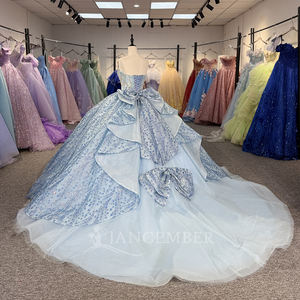 Vestido de Quinceañera Dy1384 Azul Claro de Gasa con Cuentas de Cristal, Flores 3D, Estilo Princesa, Antiestático, con Volantes y Corsé para Fiesta - Product Image 2