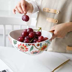 Bol en céramique pour dîner riz fruits légumes, salade, soupe petit déjeuner nouilles, Ramen gâteaux mélangeur service, couverts à manche en <span class=keywords><strong>bois</strong></span> - Product Image 5