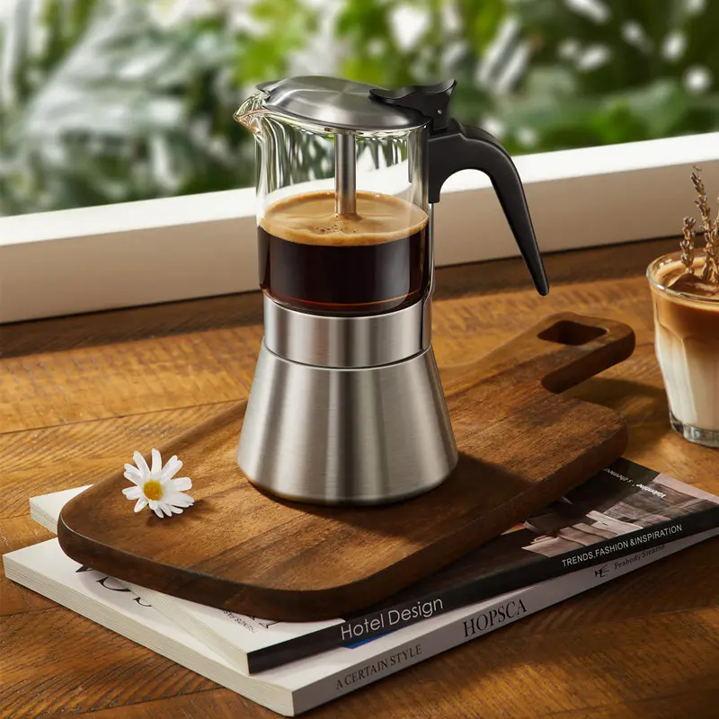 Nuovo stile vendita calda 3/6/9 tazze italiano Espresso Moka pentola manuale macchina alta vetro-top resistente al calore Moka caffettiera