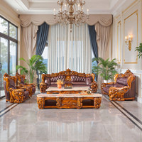 Ensemble de canapés en cuir sculpté en bois massif de style européen et nouveau style chinois pour grandes villas, mobilier de salon six places