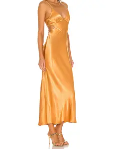 Simple Ladies Luxury Golden Midi Dresses Party Queen Sexy Dresses with Back Straps Beautiful Party Long Dresses