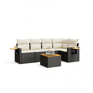 Conjunto de Sofá de Jardín Negro y Crema, Muebles de Ratán para Exteriores con Cojines, Diseño Contemporáneo, Impermeable, para Uso en Patio - Product Image 1