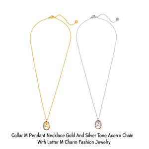 Collana con Ciondolo a Forma di M, Tono Oro e Argento, Catena in Acciaio con Charm a Lettera M, Gioielli alla Moda - Product Image 2