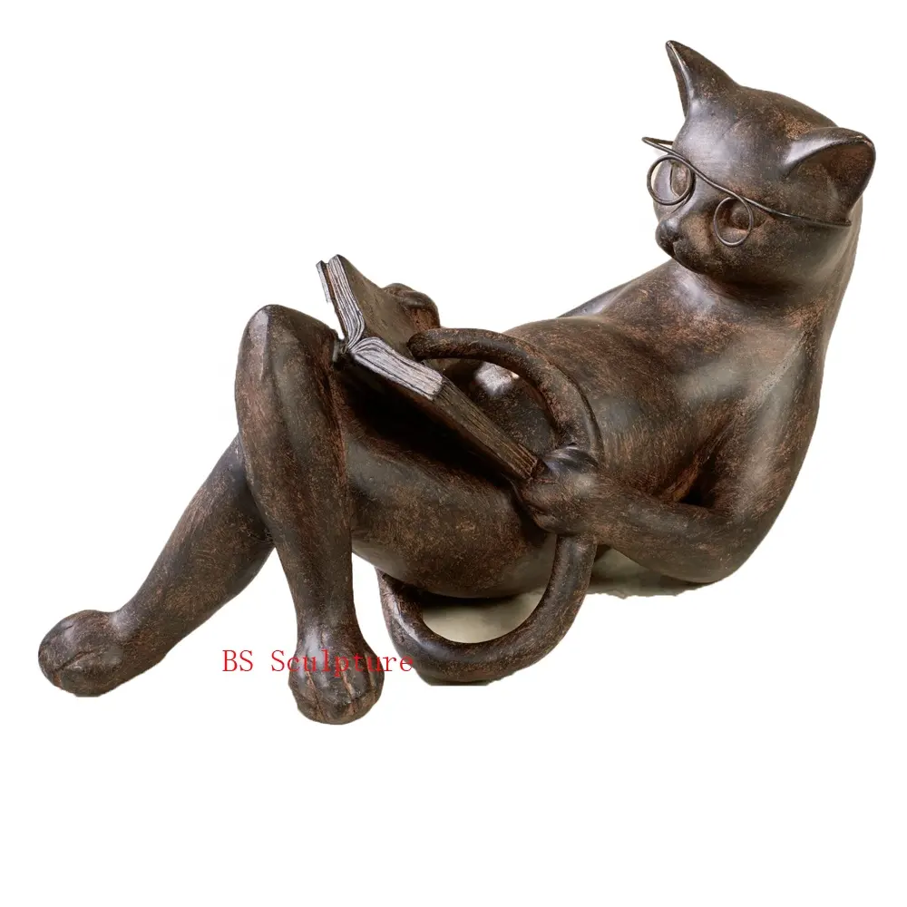 Outdoor Garden High Quality Metal Cast Brass Reading Cat Bronze Sculpture