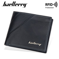 Baellerry dompet pendek kulit PU pria, dompet uang tunai ramping jahitan samping Vintage perlindungan RFID