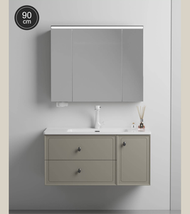 Meuble sous-vasque en bois massif de style moderne nordique avec miroir éclairé en céramique étanche mural pour hôtels - Product Image 1