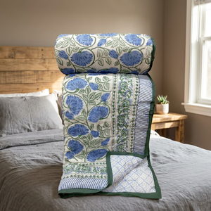 Hand Block Printed Cotton <b>Quilt</b> Double <b>Bed</b> Traditional Floral Design Handmade All Season Home Use - Product Image 2