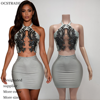 Ocstrade Prêt à expédier - Contactez-nous avant la commande - Ensemble haut à strass et mini-jupe, haut sans manches à col halter, ensemble deux pièces, robe de soirée