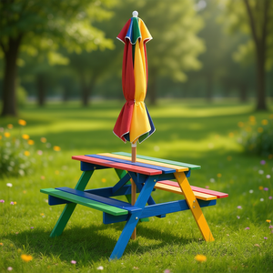 Outdoor <b>Kids</b> <b>Picnic</b> Table <b>Bench</b> Set 4 Seater With Removable Umbrella Multicolor Wood Square Contemporary Design - Product Image 2