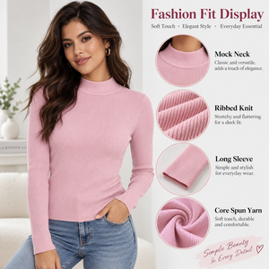 Individuelles Logo OEM ODM Damen Mock Neck Langarm Strickoberteil Gerippter Slim Fit Pullover Einfarbig Layering Leicht Dehnbarer <span class=keywords><strong>Sweater</strong></span> - Product Image 2