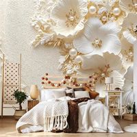 Papier peint mural 3D en relief Art Déco, fleurs blanches, perles, feuilles dorées, papier peint floral de luxe, décoration intérieure, fond personnalisé