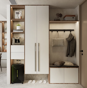 Современный простой деревянный шкаф-купе кремового цвета с модульной витриной для хранения одежды в спальне - Product Image 4