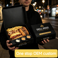 Boîte alimentaire à emporter personnalisée avec compartiments, contenant en carton jetable pour sandwich, frites et sauce.