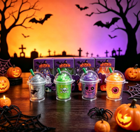 Jouet anti-stress compressible en TPR de 6,6 cm, motif Halloween, tasse de thé au lait, paillettes, rempli de maltose, motif effrayant, cadeau de fête