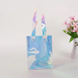 2022 nuevo diseño de moda logotipo personalizado holográfico iridiscente impermeable PVC bolso de compras bolsas de asas transparentes pvc transparente