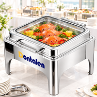 Quadratischer Chafing Dish aus Edelstahl mit Glasdeckel, Buffet-Speisenwärmer mit Elektro- und Brennstoffheizung für Catering