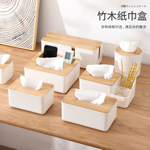 Caja de pañuelos de bambú para escritorio con soporte para control remoto, para sala de estar y baño - Product Image 3
