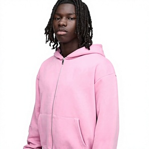 <b>Men's</b> Pink Oversized <b>Zip</b>-<b>Up</b> Hoodie Sweatshirt Solid Color Casual Autumn Wear Regular Sleeve Hooded Design 100% Cotton <b>Fleece</b> - Product Image 3