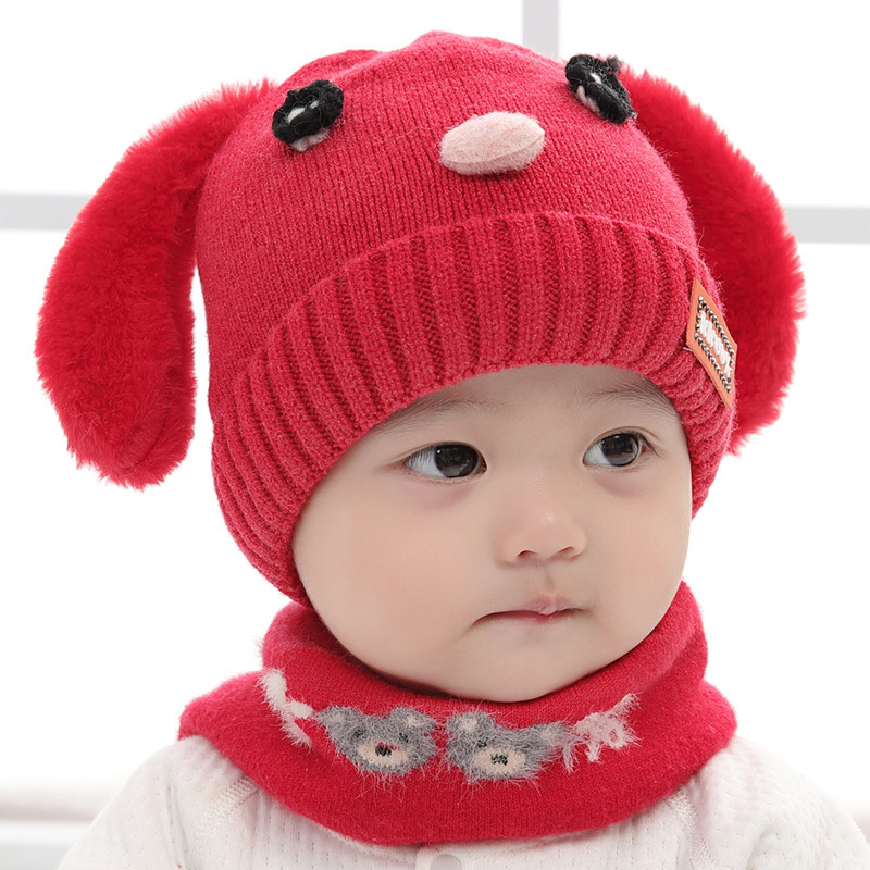 Оптовая продажа, детская вязаная шапка для осени и зимы с милым щенком, шерстяной утепленный теплый акриловый шарф для мальчиков и девочек