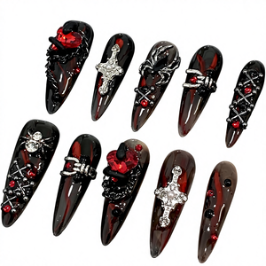 Ongles complets faits main style gothique sombre, haut de gamme, automne-hiver, rouge foncé, avec strass, pour un effet éclatant, fabrication artisanale pure - Product Image 1