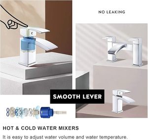 Ensemble de robinets de bain carrés en laiton chromé, mitigeurs de lavabo monobloc à double levier, robinet de baignoire et robinet de lavabo à levier unique - Product Image 5