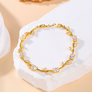 Gold Plated <b>Copper</b> Alloy Tennis <b>Bracelet</b> With Zircon Flower Design For Women Party Jewelry - Product Image 1