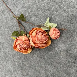 ดอกไม้ประดิษฐ์3หัวสำหรับตกแต่งงานอีเวนต์งานปาร์ตี้กุหลาบผ้าไหมสีส้มเผา