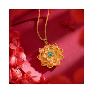 24K Gold Plated Retro Enamel Lotus Pendant Necklace National Style Burnt Blue Flower Silk Chinese Style Trendy Gift Wedding