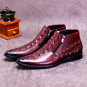 Custom Men's High-Top Leather <b>Shoes</b> with Alligator Pattern Zipper, Warm Martin Boots, Genuine Leather Ankle Boots - Product Image 5