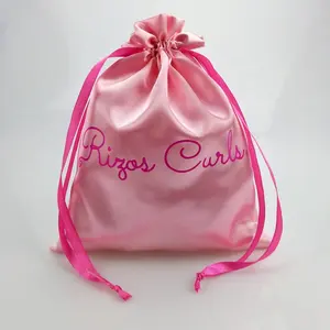 Bolsa de polvo satinada con logo personalizado, bolsa de seda con cordón para el pelo