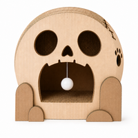 Maison pour chat en carton ondulé en forme de crâne, griffoir et tanière d'intérieur avec jouet à bille