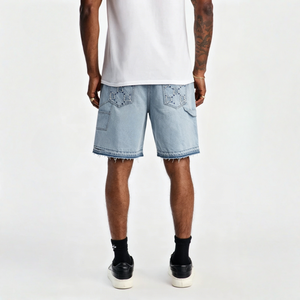 Jean en denim coupe droite taille mi-haute, longueur genou, en tissu denim lavable et résistant à la décoloration, avec surpiqûres à motif quadrillé orné - Product Image 2