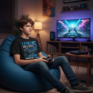 T-shirt débloqué niveau 15, design Gamer pour garçon de 15 ans, génial depuis 2010, manches courtes, col rond - Product Image 3
