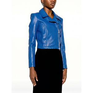 Factory Direct <b>Women</b> Croco Skin Embossed Leather Moto <b>Jacket</b> Genuine Cowskin Crocodile Print Ladies Luxury Coat Custom Size - Product Image 1