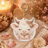 Porte-clés personnalisé en acrylique Taureau, breloque zodiacale Taureau avec fermoir mousqueton doré, pendentif imprimé couleur, vente en gros