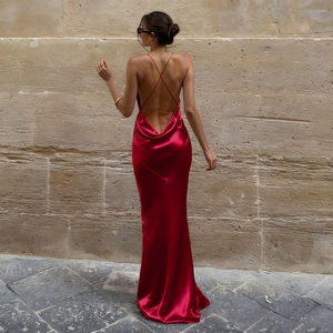 Robe longue élégante en tricot uni, écologique, sexy, col en V, dos nu, taille naturelle - Product Image 3