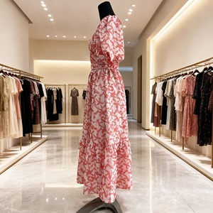 Vestido Midi Casual <span class=keywords><strong>de</strong></span> Verano para Mujer, Personalizado, Color <span class=keywords><strong>Rosa</strong></span>, Cuello en V, Algodón, Plisado, con Volantes, Manga Corta Abullonada, Estampado Floral - Product Image 2