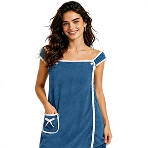 Vestido de playa de tela de rizo azul para mujer con ribete de cuerda blanca y bolsillo, tipo pareo para adultos - Product Image 1