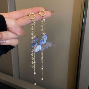 Korean Long Tassel Butterfly Drop <b>Earrings</b> Elegant Pearl Crystal Hanging Women's <b>Earrings</b> Fashion Jewelry Party Gift - Product Image 1